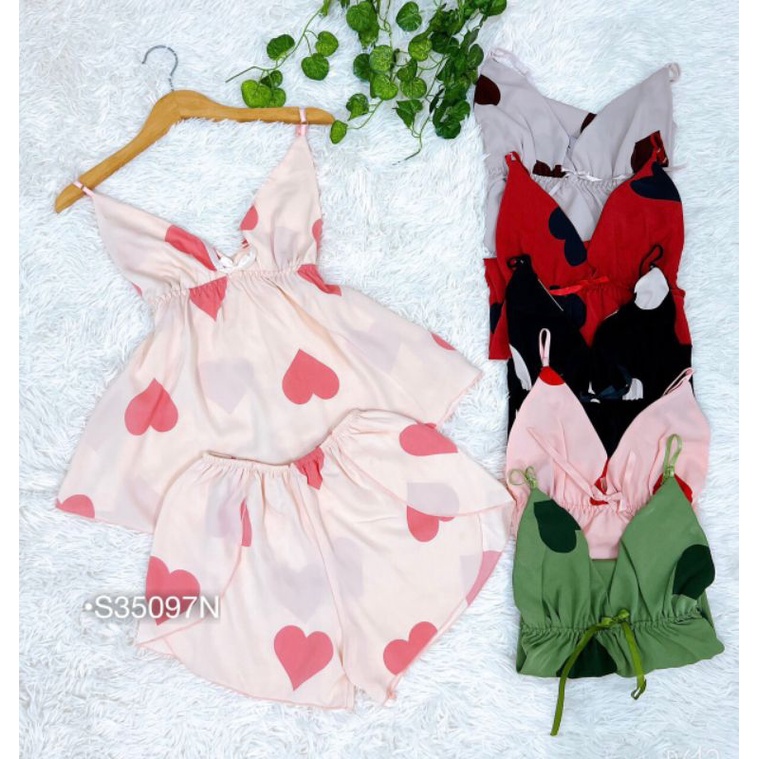 Set bộ đùi lụa Tim chun ngực, Đồ bộ ngủ mặc nhà 2 dây họa tiết
