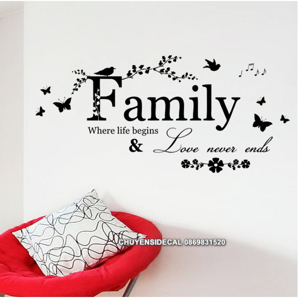 Decal trang trí tường - Chữ Tiếng anh FAMILY hoa văn