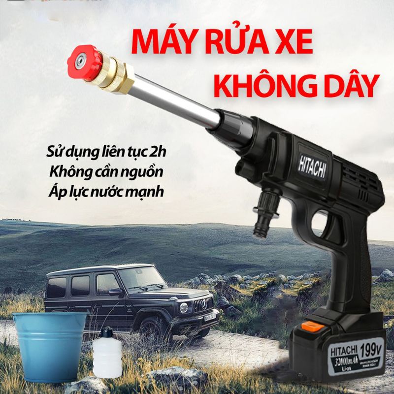 Máy rửa xe dùng pin mini, Máy xịt rửa tăng áp Hitachi 199V áp lực cao 1400W