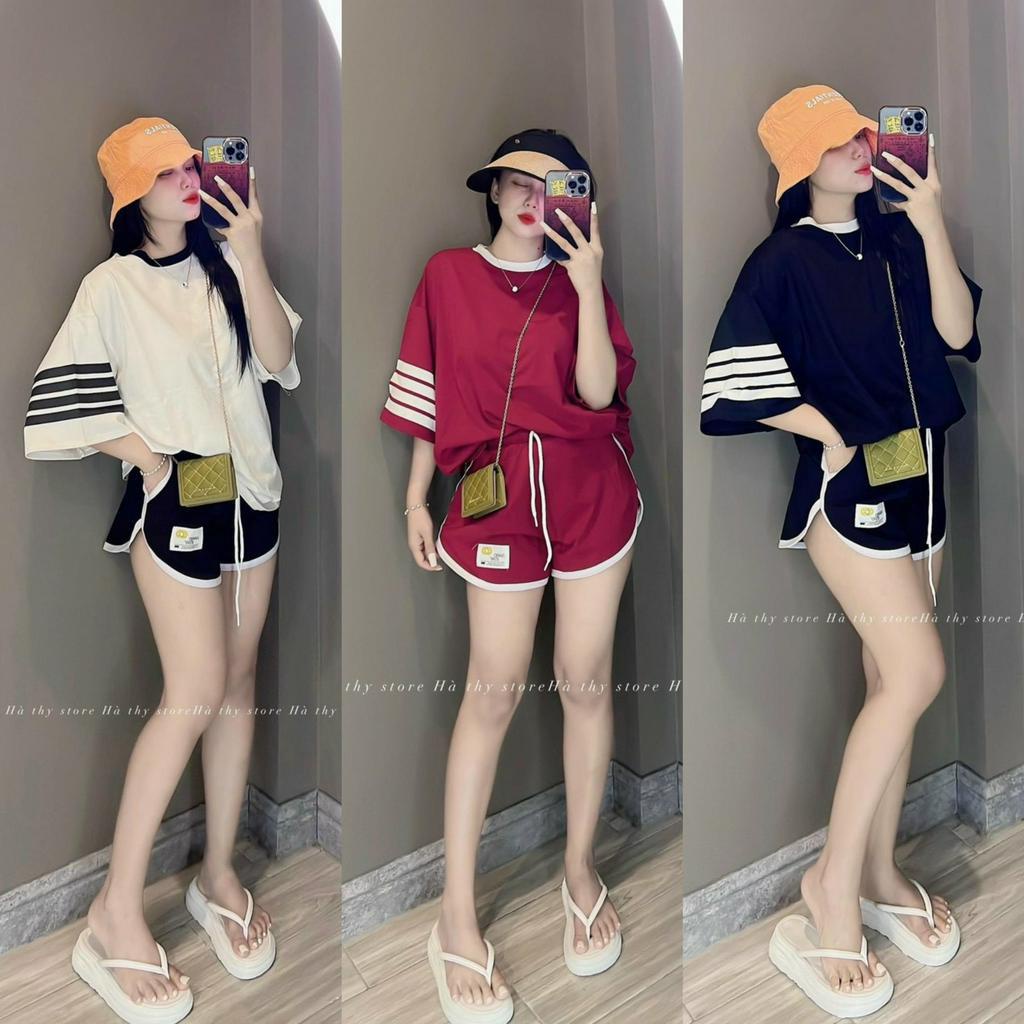 Set bộ đồ nữ áo form rộng kẻ 3 sọc mix quần sooc vạt bầu họa tiết phối viền với các tone màu trẻ trung phù hợp đi chơi
