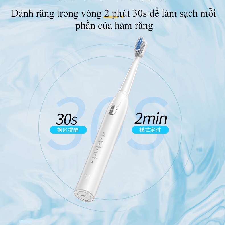 Bàn Chải Điện Đánh Răng Sạch Sâu Sóng Siêu Âm Tần Số Rung 30Khz Tích Hợp Pin Sử Dụng 60 Ngày Với 5 Chế Độ Chăm Sóc Răng