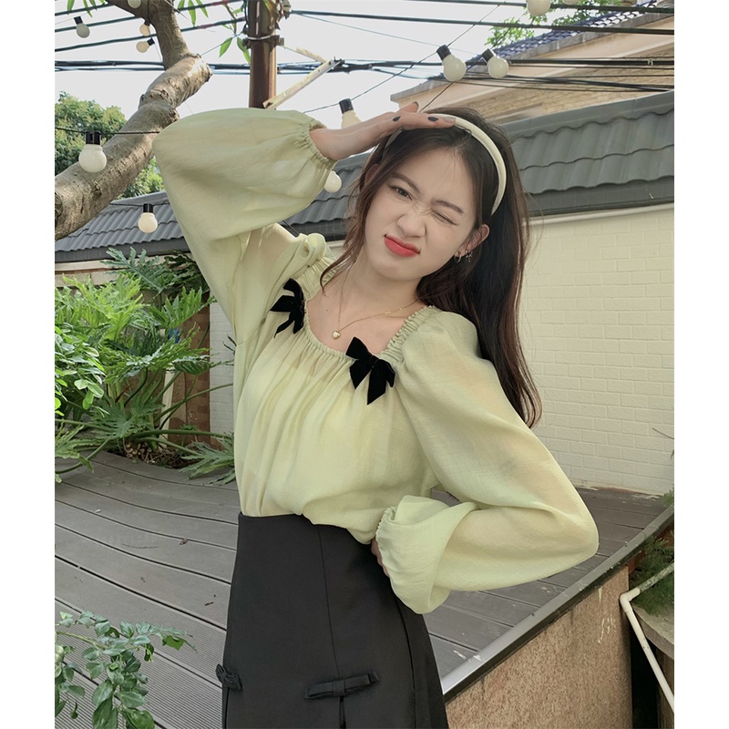 Áo chiffon BH cổ vuông tay dài đính nơ thời trang mùa hè dành cho nữ 2022