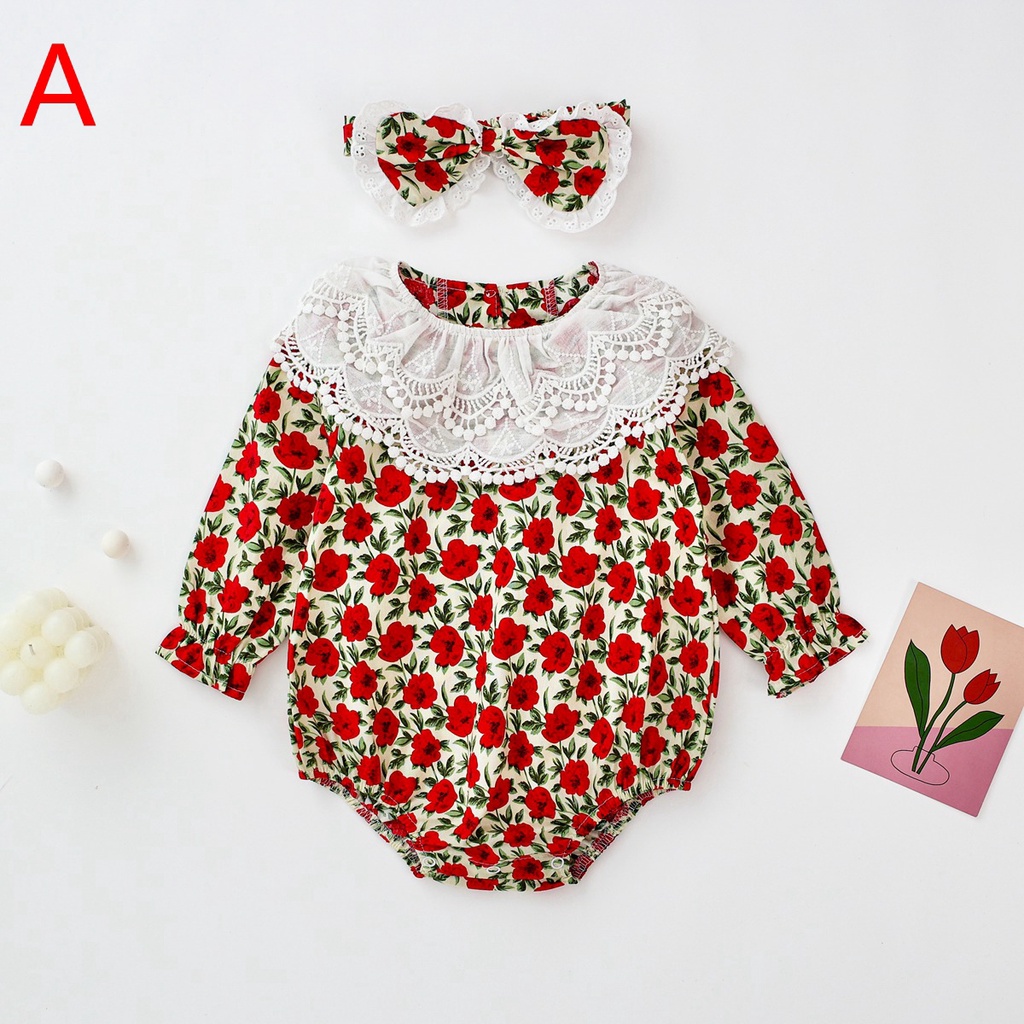 Bộ áo liền quần SANLUTOZ tay dài chất cotton phối ren hoa kèm băng đô cài tóc thời trang mùa