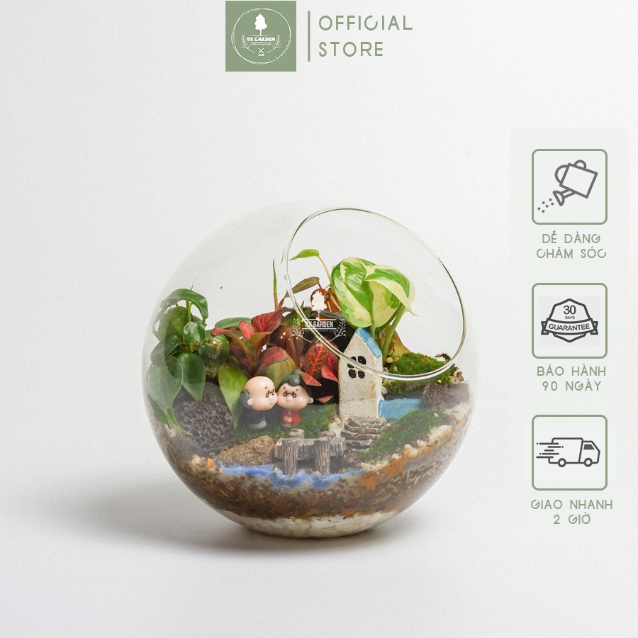 Joy In Happy Garden - Tiểu Cảnh Để Bàn Terrarium - Tiểu Cảnh Thủy Tinh Miệng Nghiêng - Quà Tặng Cao Cấp - 9X GARDEN