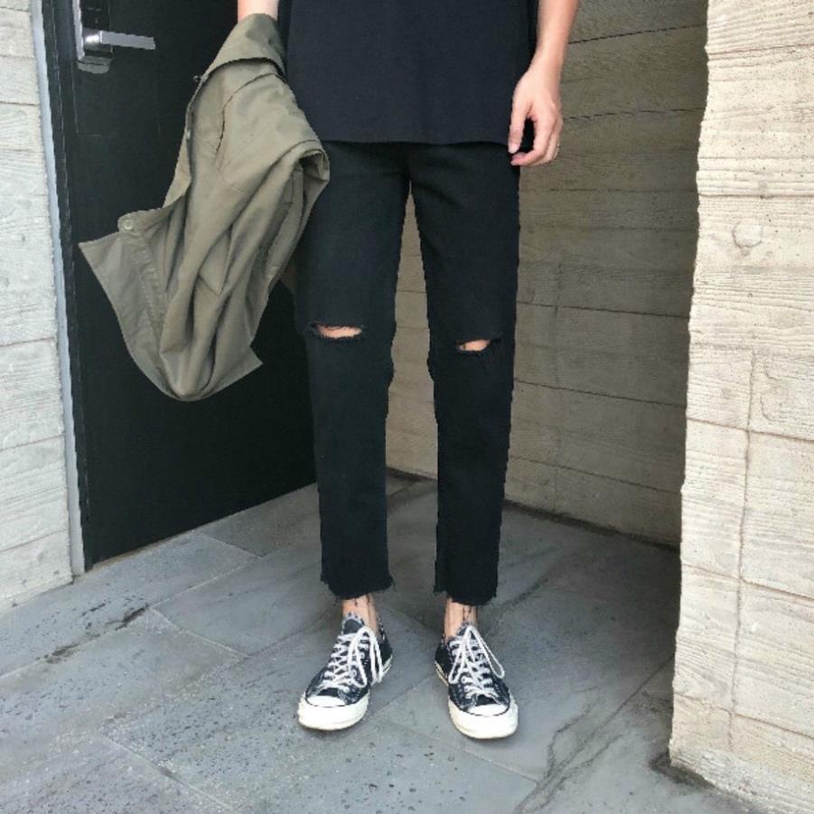 Quần Jean Baggy Đen Rách Gối Dành Cho Nam Nữ Mina_fashion