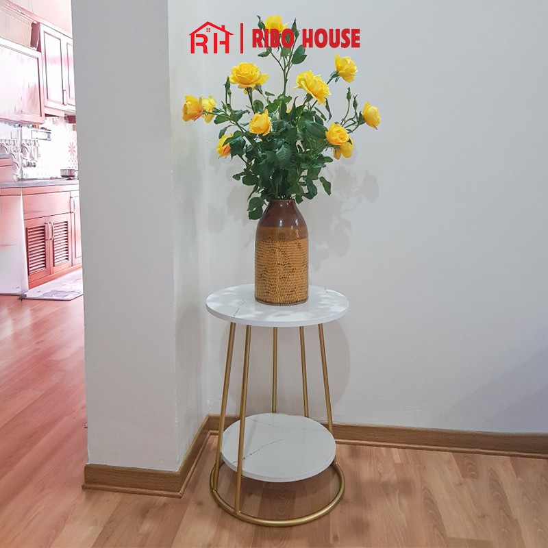 Bàn trà tròn sofa RIBO HOUSE mặt đá vân mây tab 2 tầng khung kim loại sơn tĩnh điện ngồi uống trà cafe ban công RIBO93