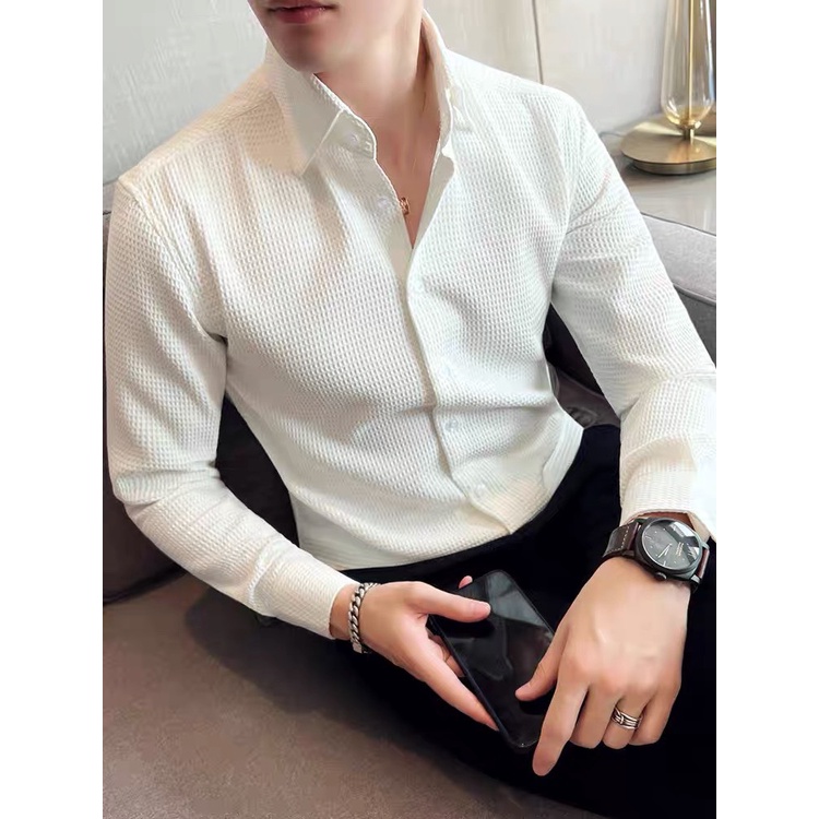 Áo Sơ Mi Nam Dài Tay , Chất Lụa Satin Co Giãn , Không Bai Không Xù , Công Sở Hàn Quốc Cao Cấp , Phom Ôm Body