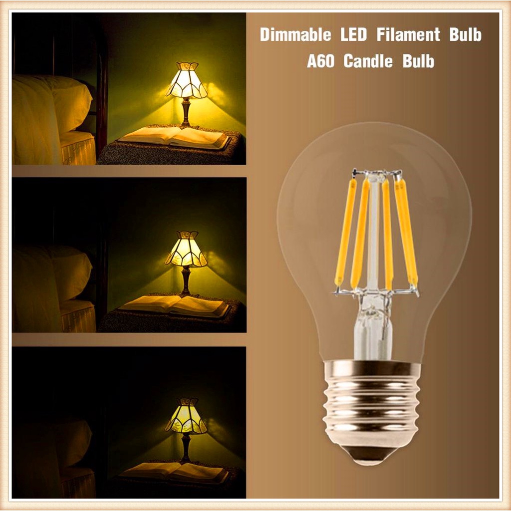 A60 LED Filament Bulb E27 Retro Edison Lamp 220V Vintage Candle Light Dimmable Globe Ampoule Lighting COB Home Decor