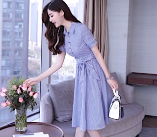 Đầm sọc xanh form dài cột nơ (kèm hình thật)