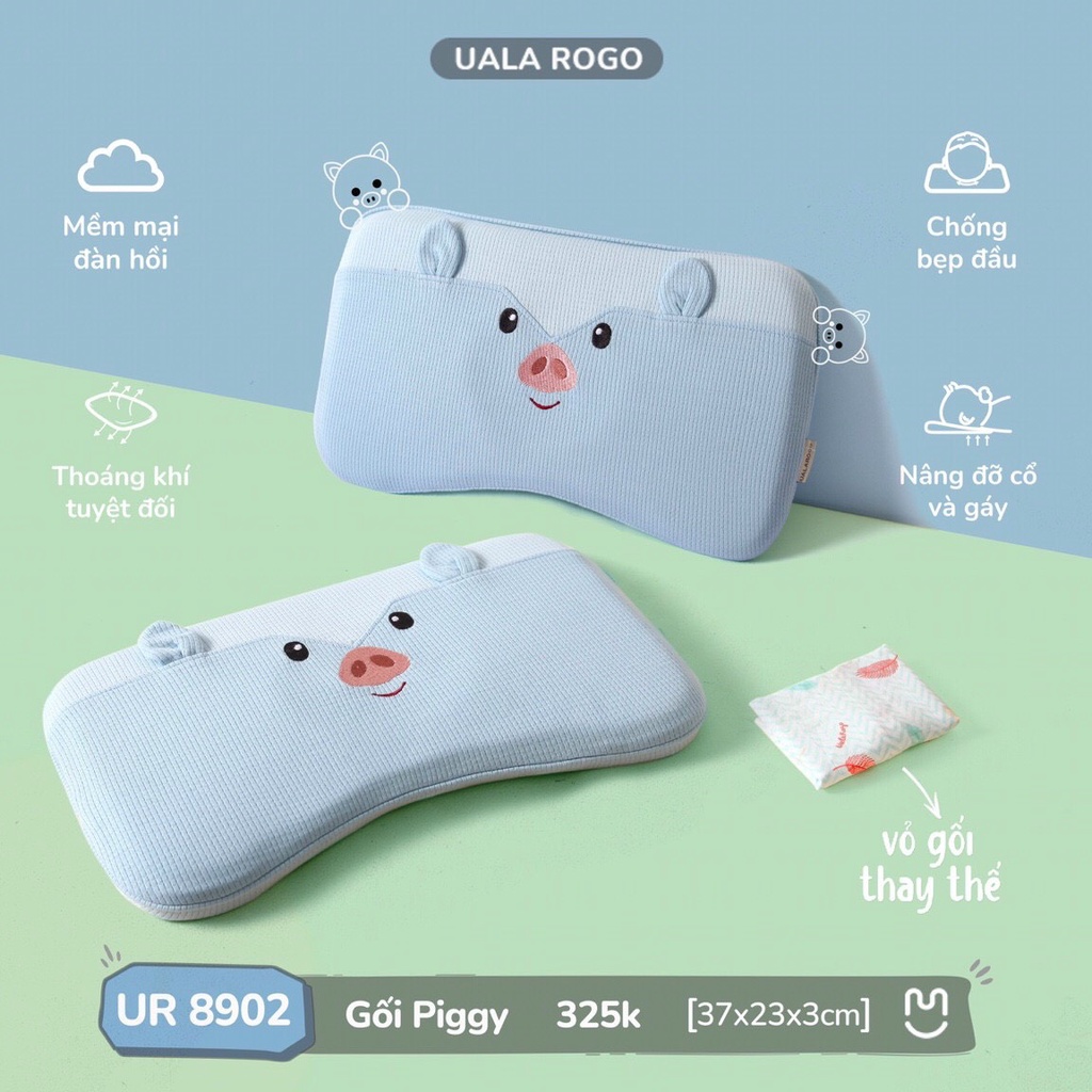 (UALA ROGO) Gối PIGGY Memory Foam cao cấp độ đàn hồi tốt chống bẹp đầu hỗ trợ giấc ngủ ngon cho bé 37x23x3cm