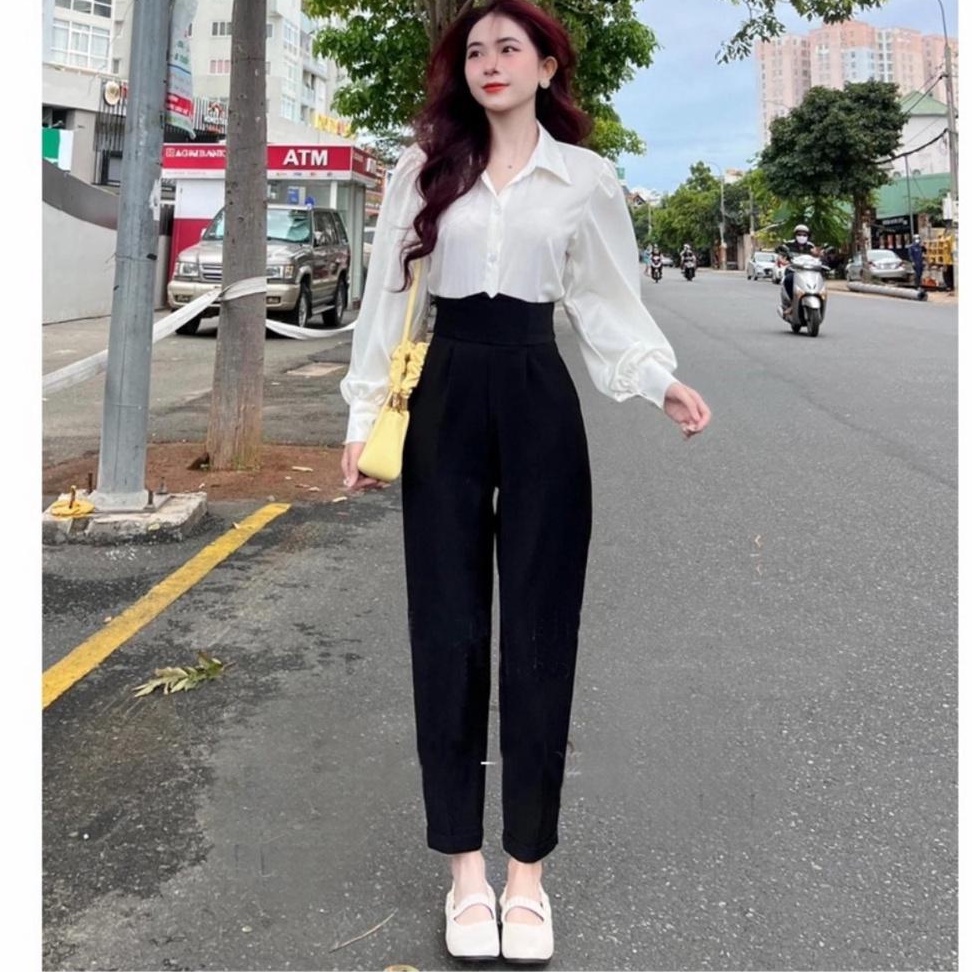 Quần tây nữ lưng cao đi học làm công sở khóa sau dáng baggy quần vải nữ cạp cao công sở học sinh đi học phối sơ áo sơ mi