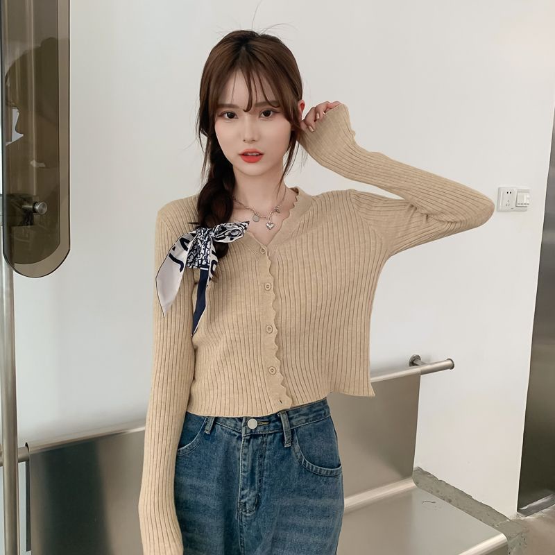 💓áo croptop tay dài Áo Cardigan Dệt Kim Tay Dài Cổ Chữ v Màu Hồng Kèm Quần Lưng Cao Thời Trang Dành Cho Nữ