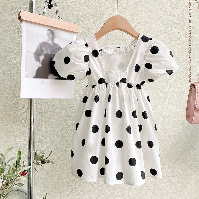 Đầm Công Chúa Tay Ngắn Phồng Vải Cotton Họa Tiết Chấm Bi Dễ Thương Thời Trang Mùa Hè Cho Bé Gái