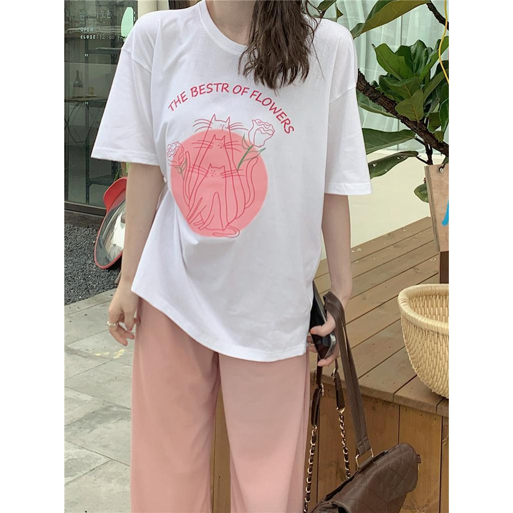 Áo Thun In Hình Mèo Và Hoa Hồng Phong Cách Retro Mỹ 53267