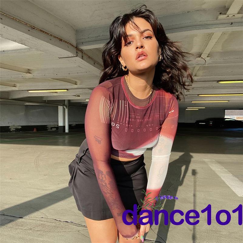 Áo croptop tay dài cổ tròn dáng ôm in họa tiết thời trang cho nữ