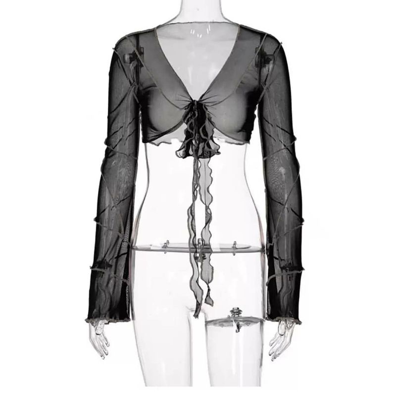 ÁO CROPTOP TAY DÀI LOE BUỘC EO VẢI LƯỚI REN LƯỚI SEXY / ÁO CARDIGAN LƯỚI MÀU ĐEN SIÊU SA