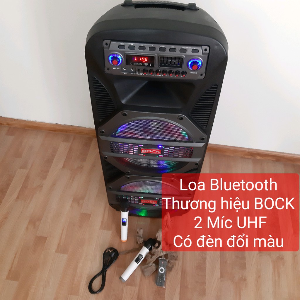 Loa kéo loa Bluetooth KaraOke 2 Bass 1 Treble kèm 2 Mic điều khiển có 2 đèn đổi màu