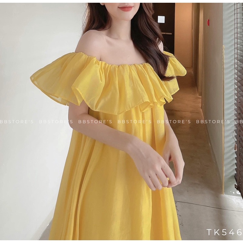 Đầm maxi bèo trễ vai tùng xếp ly