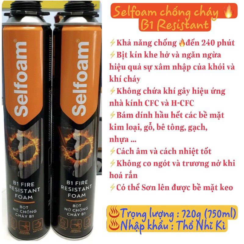 Keo trám bọt nở chống cháy Selfoam B1 750ml (dùng súng bắn keo). Cách nhiệt, cách âm, chống thấm. Nhập khẩu Thổ Nhĩ Kì