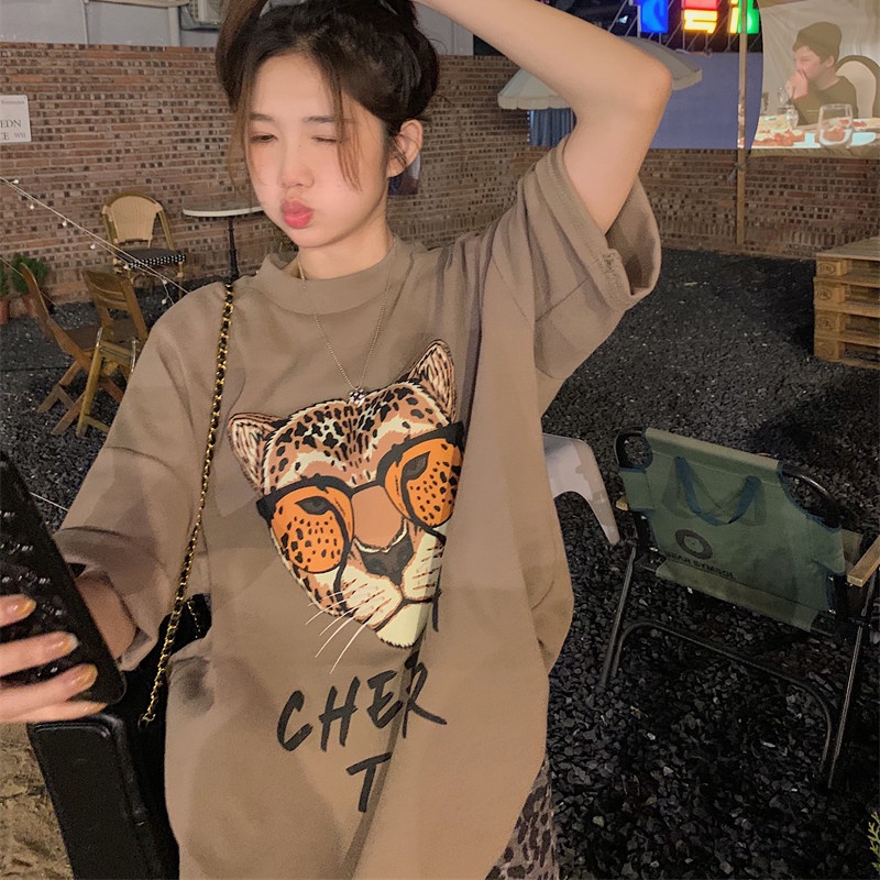 Áo Thun Tay Ngắn Dáng Rộng In Hoạt Hình Đầu Hổ Dễ Thương Cho Nữ