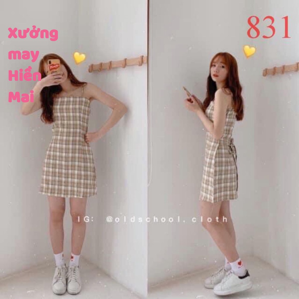 Váy 2 dây 831 kẻ karo  chất kẻ thô