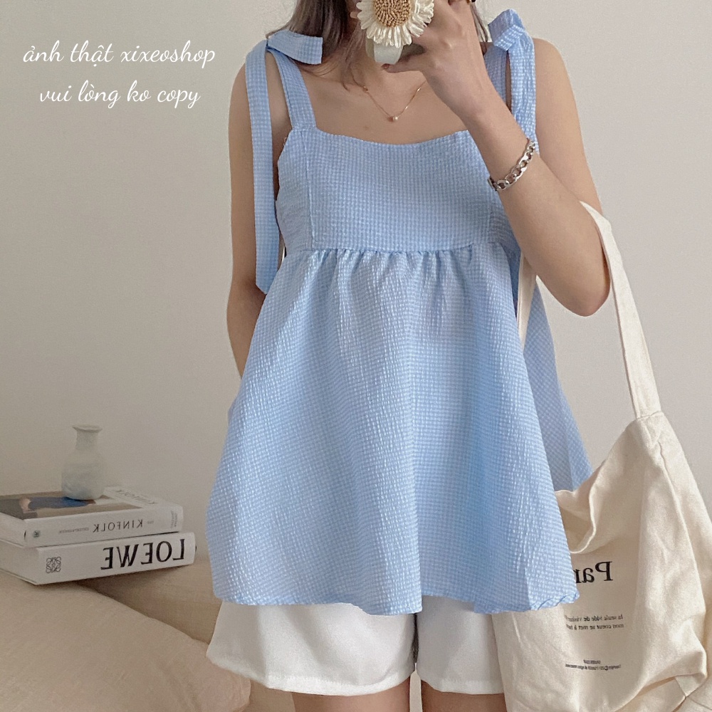 Set áo babydoll 2 dây kẻ xanh xốp kèm quần sooc trắng xixeoshop - V42