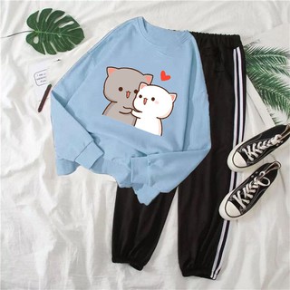 Bộ Đồ Nữ Thu Đông Gồm Áo Phông Cotton Organic Dài Bo Tay Nhiều Màu In Hình Đôi Mèo Mix Quần Thun 2 Sọc Bo Gấu Màu Đen