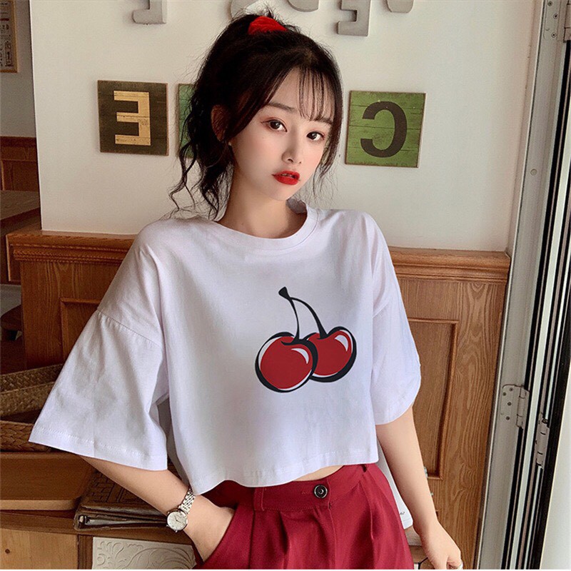 [Mã FAMAYWA2 giảm 10K đơn 50K] Áo Croptop Nữ / Áo Croptop Tay Lỡ Cherry / Áo Croptop Kiểu Form Rộng ACR01