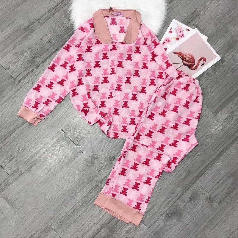 [THANH LÝ]🧸 PIJAMA CỔ SEN LỤA MANGO GẤU HỒNG 🧸