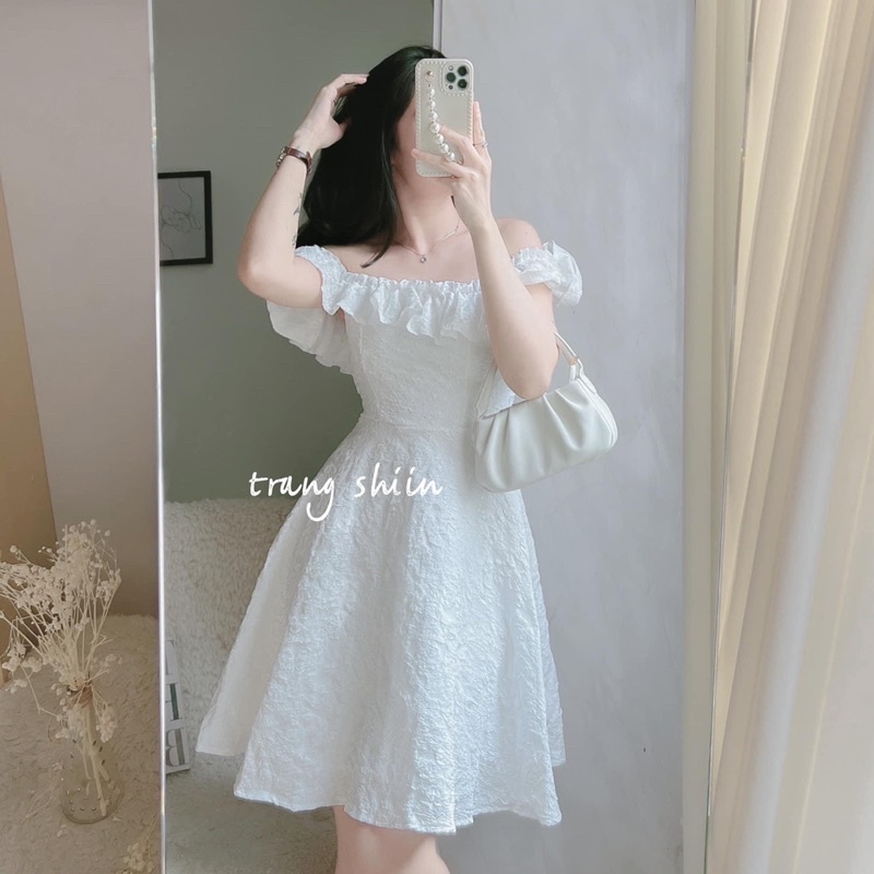 ĐẦM XỐP BẸT VAI BÈO MIDI TRẮNG