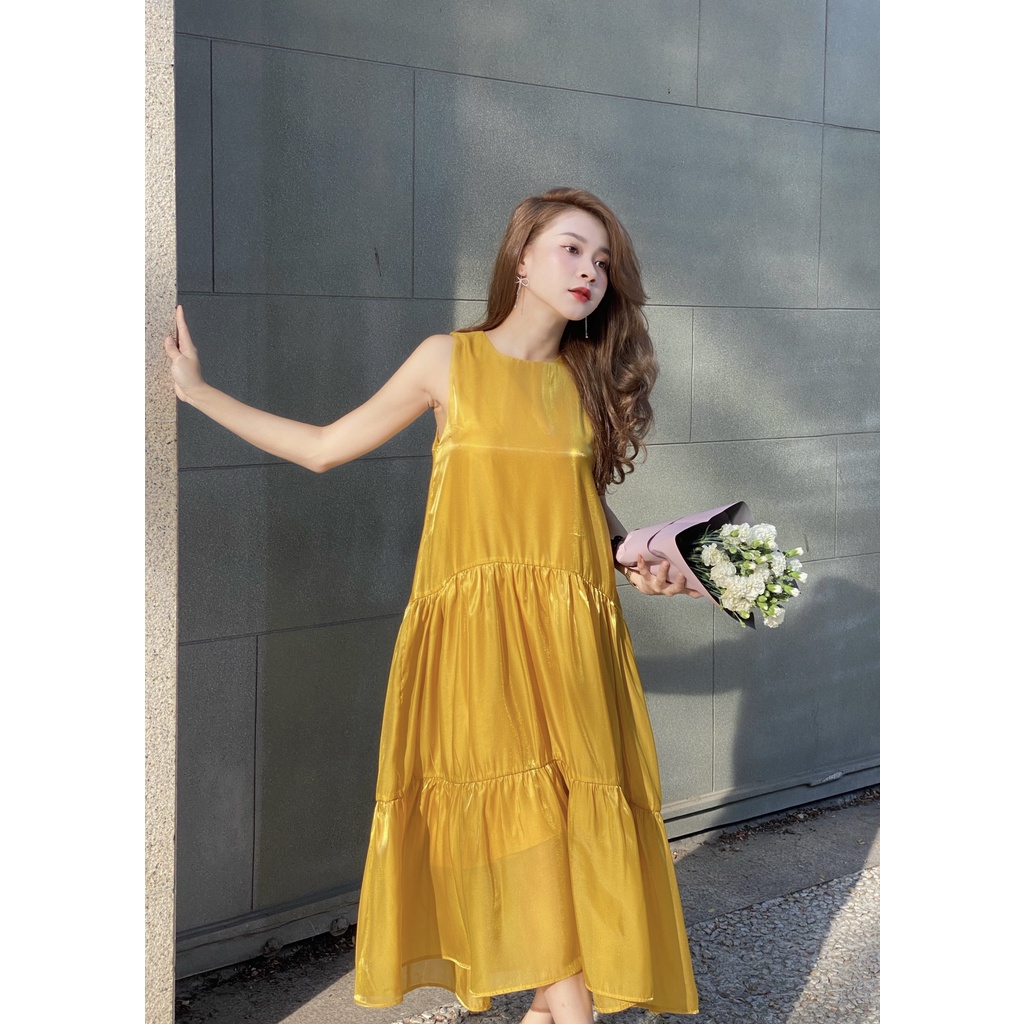 Đầm maxi suông dáng dài thiết kế tầng sang chảnh cao cấp lụa organza vàng/ cafe Joven | BigBuy360 - bigbuy360.vn