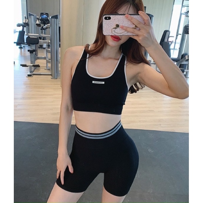 ĐỒ TẬP GYM NỮ, SET QUẦN ĐÙI + BRA TẬP GYM NỮ VIỀN SỌC VẢI DỆT CAO CẤP