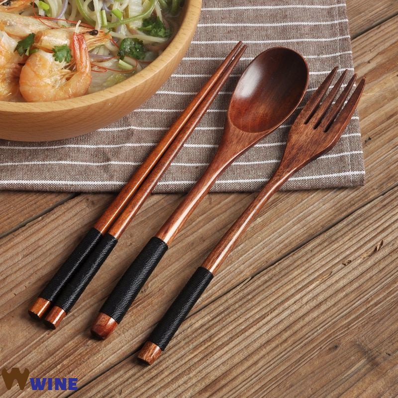 【Giá thấp】Set 3 món đũa, thìa, dĩa gỗ Nhật Bản, Bộ muỗng đũa nĩa, dụng cụ ăn cá nhân loại cao cấp wine
