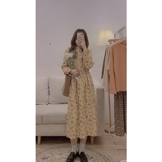 Đầm hoa nhí, váy nữ cúc ngực chun eo dáng dài, phong cách nhẹ nhàng tiểu thư cực xinh 7.beautiful