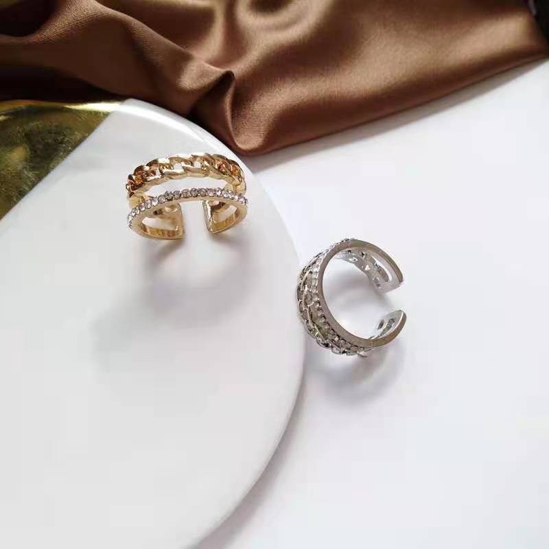 Nhẫn vòng kép mắt xích thiết kế đường cắt rỗng bản to đính hạt tinh tế💎