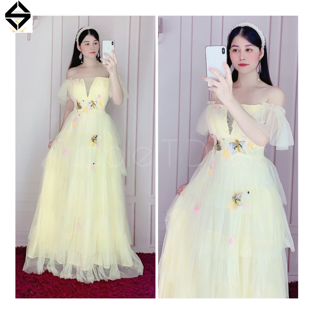 Đầm maxi bẹt vai xếp tầng kết cườm hình bướm TRIPBLE T DRESS - size M/L (ảnh/video thật) - MS312V