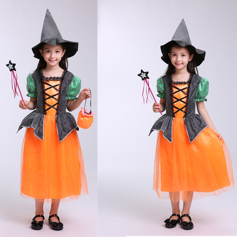 Trang Phục Hóa Trang Halloween Phù Thủy Bí Ngô Dễ Thương Cho Bé Gái