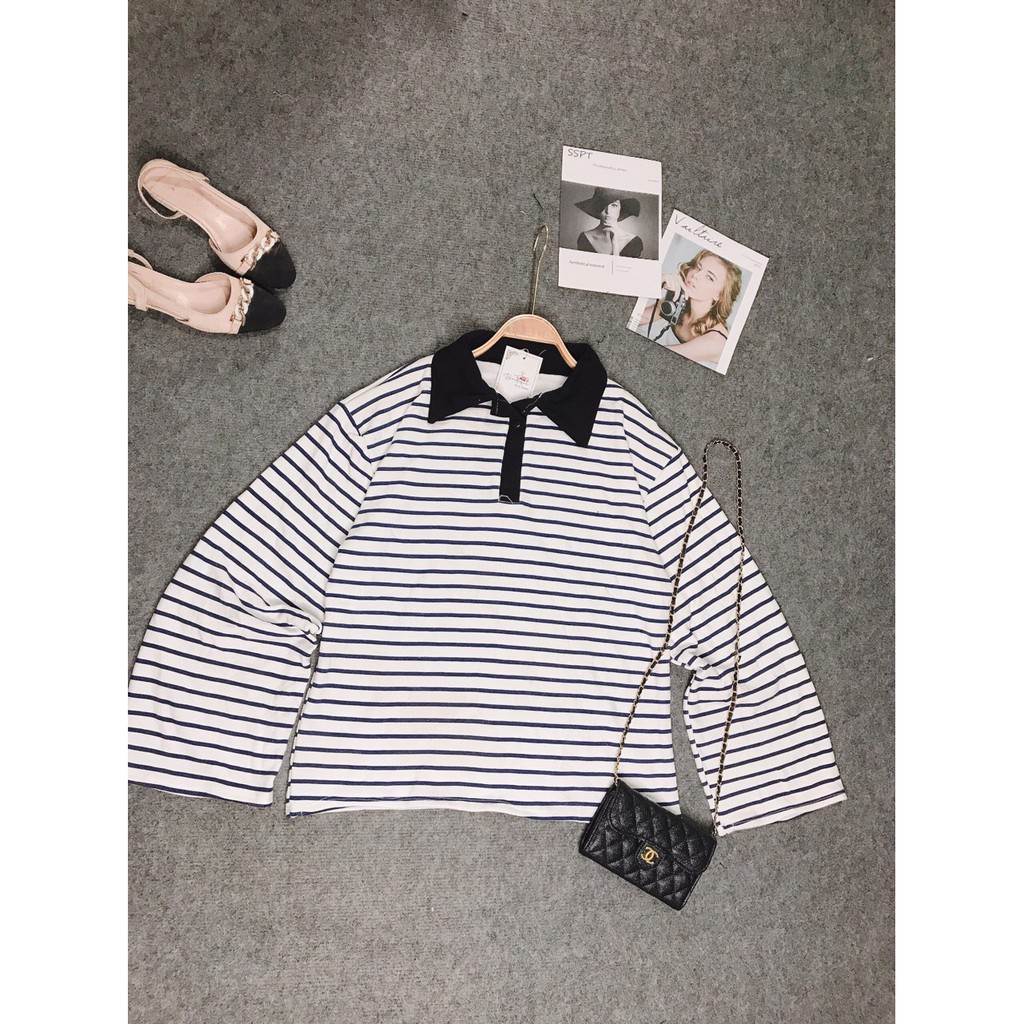 Áo Polo Dài Tay - Áo Thun Nữ Có Cổ Phối Kẻ Đen Trắng Cotton Nỉ CO Dãn - QUẦN ÁO THỜI TRANG GIÁ RẺ
