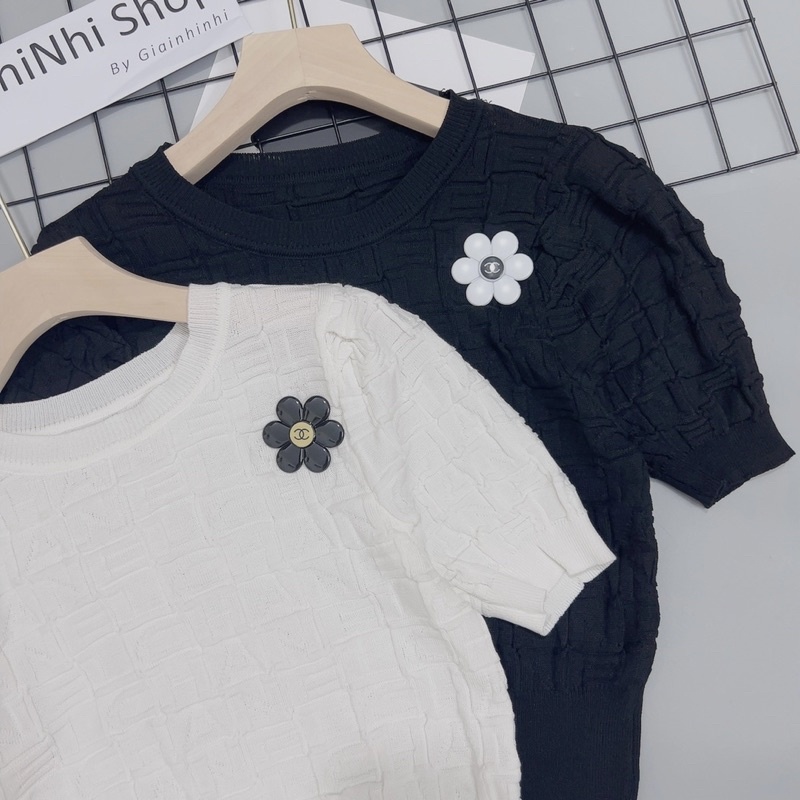 Áo len mỏng tay phồng croptop kèm hoa cài, Áo kiểu len dáng ôm cổ tròn AL8026 - NhiNhi Shop
