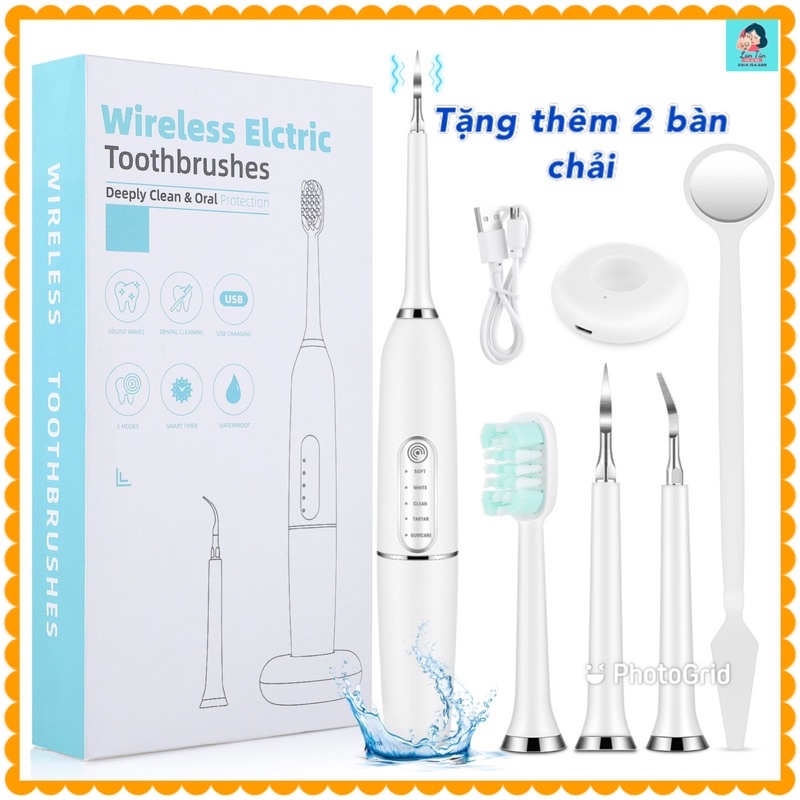 TẶNG 2 ĐẦU CHẢI, Máy lấy cao răng tại nhà,máy 2 in 1 lấy vôi răng kèm đánh răng sạc đế không dây.