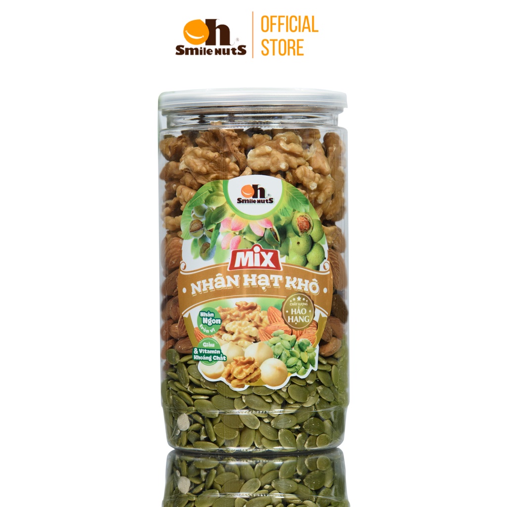 Mix Nhân Hạt Khô nhập khẩu Smile Nuts hộp 500g - Sản phẩm gồm Nhân Óc Chó, Hạnh Nhân tách vỏ đã nướng và nhân bí xanh
