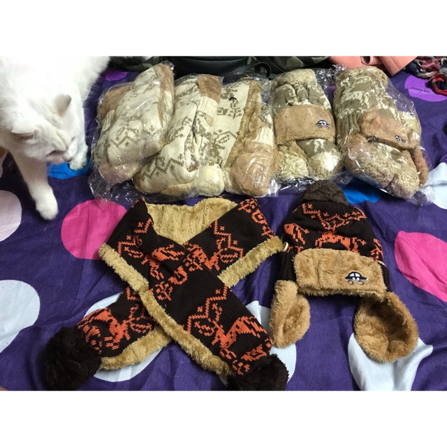 combo mũ len và khăn len lót lông