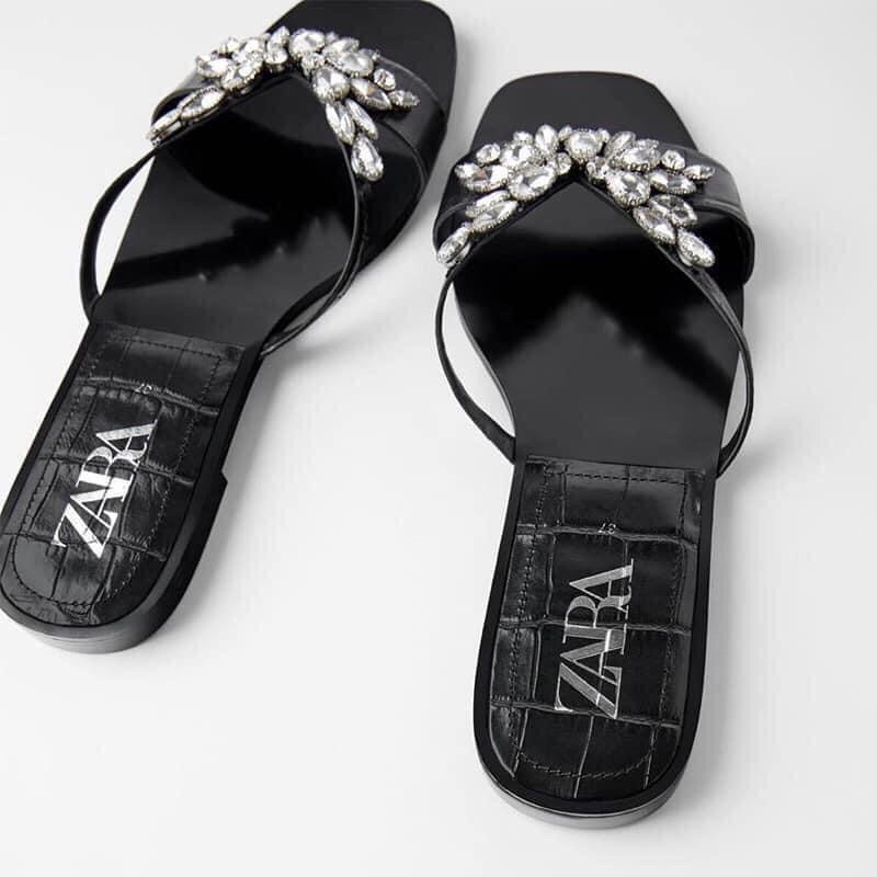 Dép lê bệt quai vân da đính đá ZR xuất Full box MS-4241