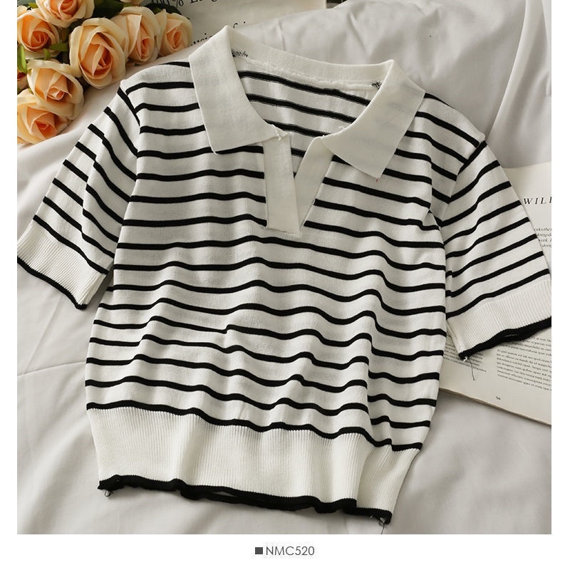{Amanda} Áo croptop len cổ đức kẻ ngang co giãn mặc siêu thích. Áo polo co giãn kẻ hot trend. | BigBuy360 - bigbuy360.vn