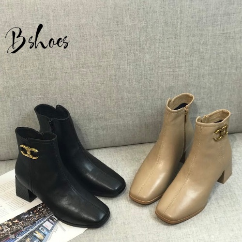 Giày boot nữ da mềm 2021 B SHOES, boot thấp cổ lót nỉ khóa kéo, mũi vuông, họa tiết kim loại siêu thời trang, cao 5p B10