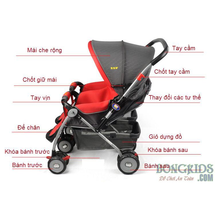 Xe đẩy đổi cho bé song sinh chính hãng Baobaohao 703 - Khung chắc, chỗ rộng