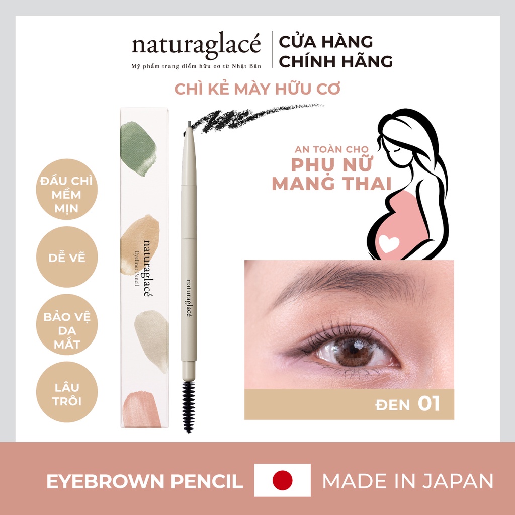 Chì kẻ chân mày hữu cơ 2 đầu naturaglacé Eyebrow Pencil (01 - Màu xám đen), chì nét mảnh, tự nhiên, 0.09gr