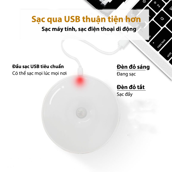 Đèn Cảm Biến Thông Minh, Đèn Led Tròn Cảm Ứng Chuyển Động Dán Tường Sạc USB Gắn Tủ Quần Áo, Hành Lang - Tặng Kèm Sticker