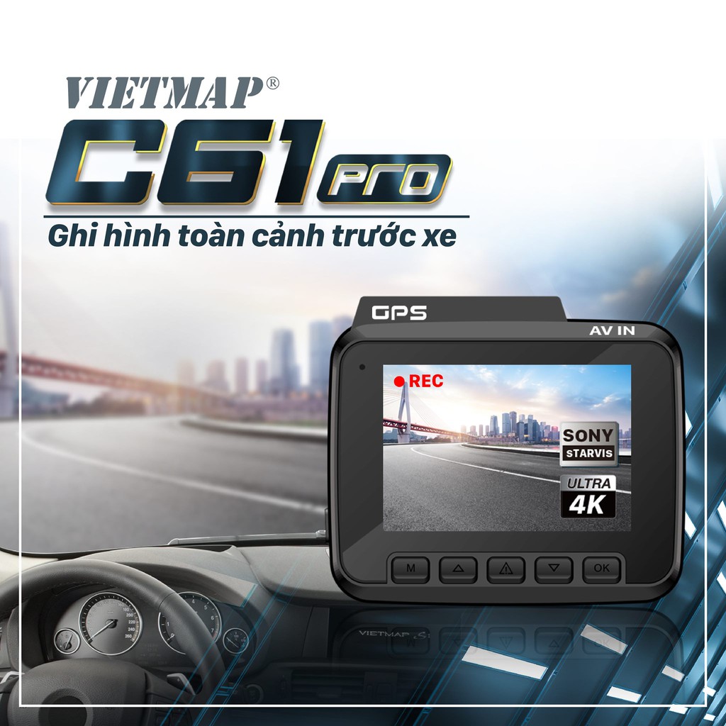 VIETMAP C61 PRO - Camera hành trình 4K - Cảnh Báo Giao Thông Giọng Nói - Thẻ Nhớ 128Gb