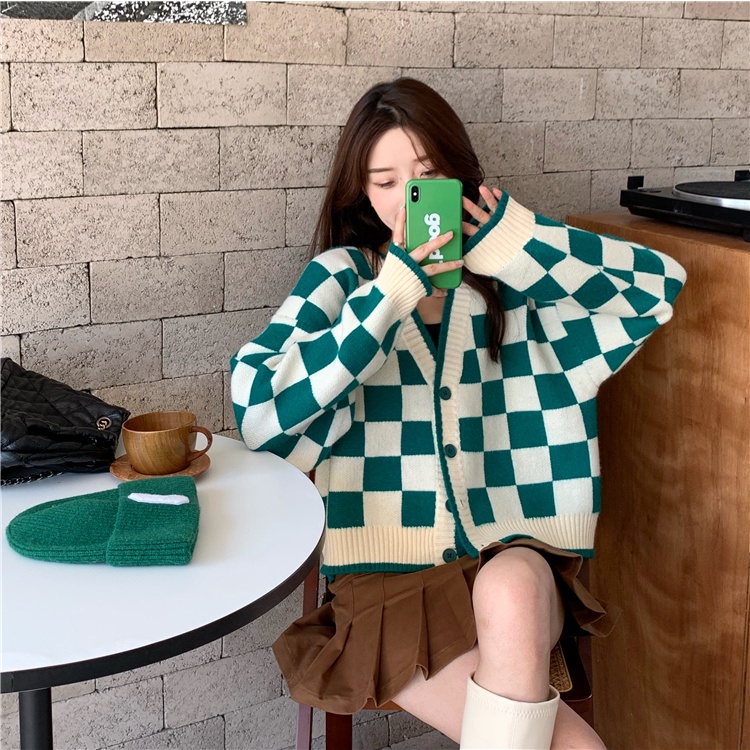 Áo khoác len cardigan tay dài cổ chữ V họa tiết sọc caro phong cách Hàn Quốc thời trang cho nữ 2 màu sắc | BigBuy360 - bigbuy360.vn